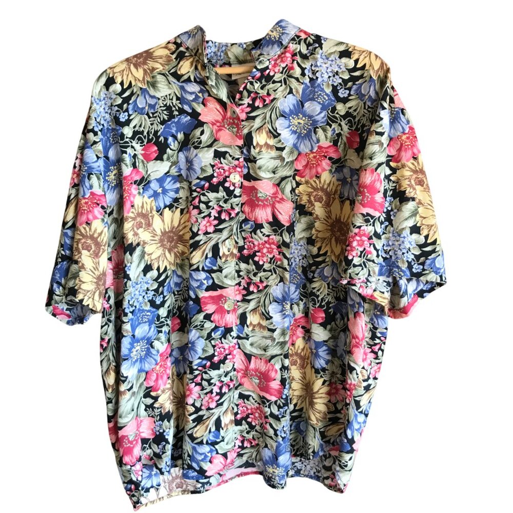 Vintage 90s Kathie Lee Floral Button-Down Blouse Plus Size Short Sleeve Tunic XL